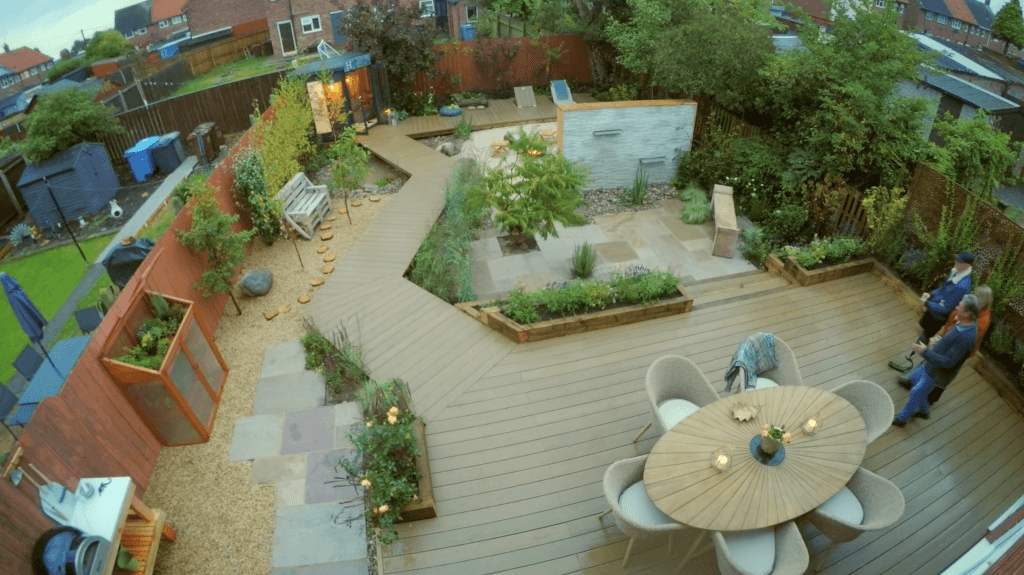 Full garden shot showing Composite Decking installed ITV's love your garden