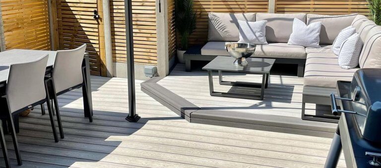 Stone and Grey Ash Composite Decking Installed
