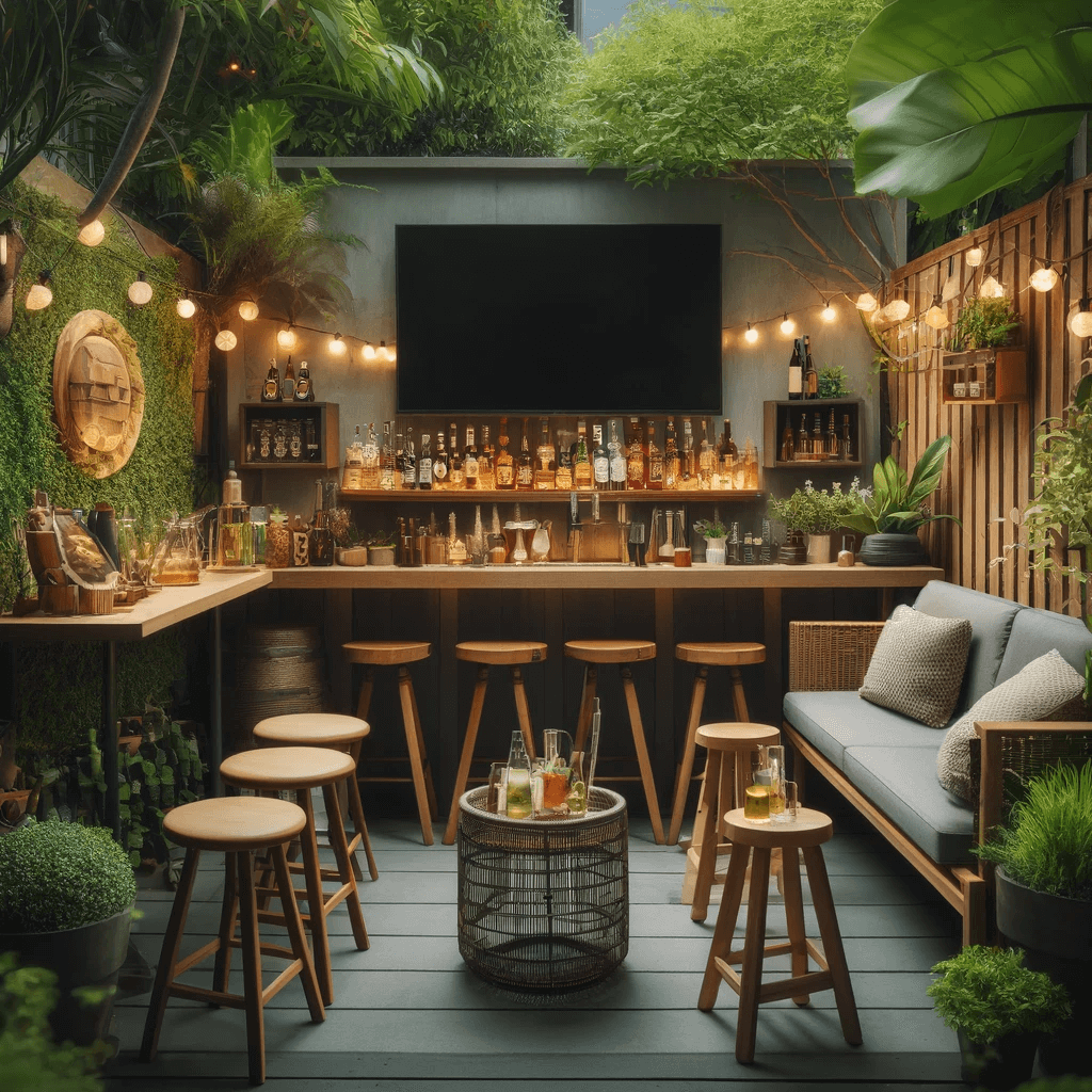Garden with outdoor furniture, TV and drinks