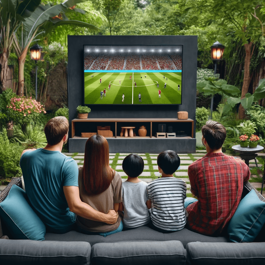 Family watching the TV in their garden