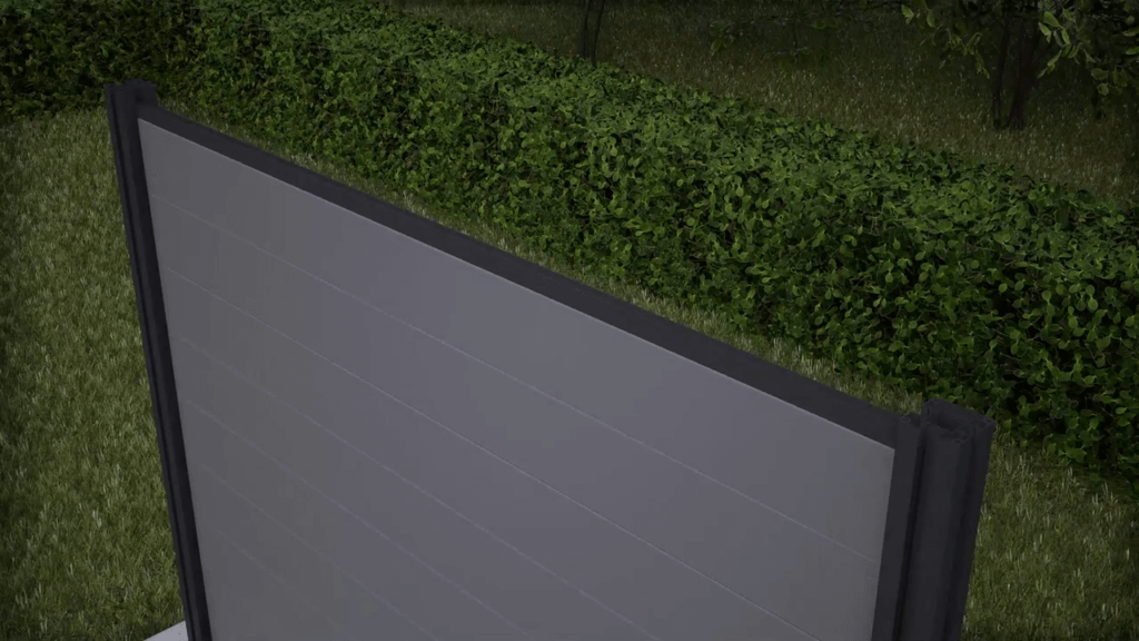 render of a composite fence installed with aluminium posts