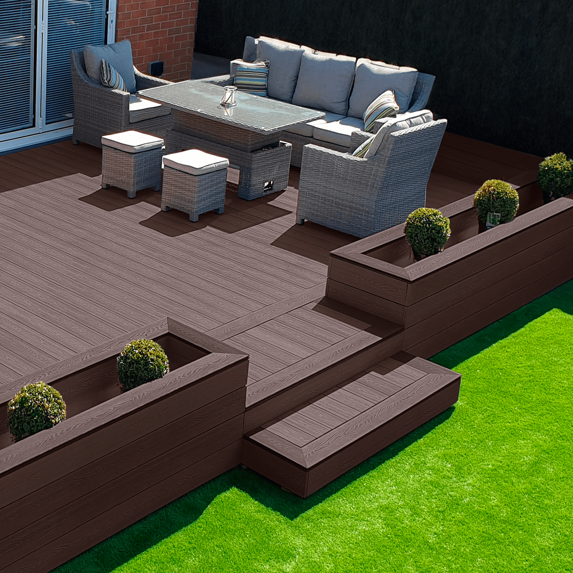 composite decking with steps and planters, brown / mocha