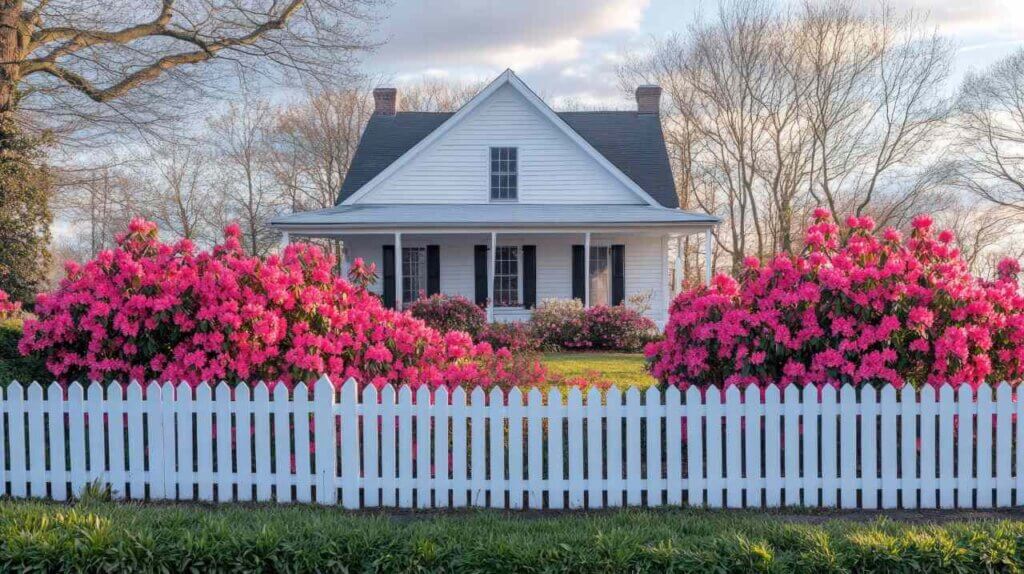 Blooming azaleas line a white picket fence in a suburban neighborhood