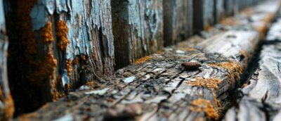 close up shot of a rotting wooden fence