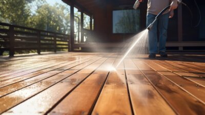 man using a power washer to clean his decking