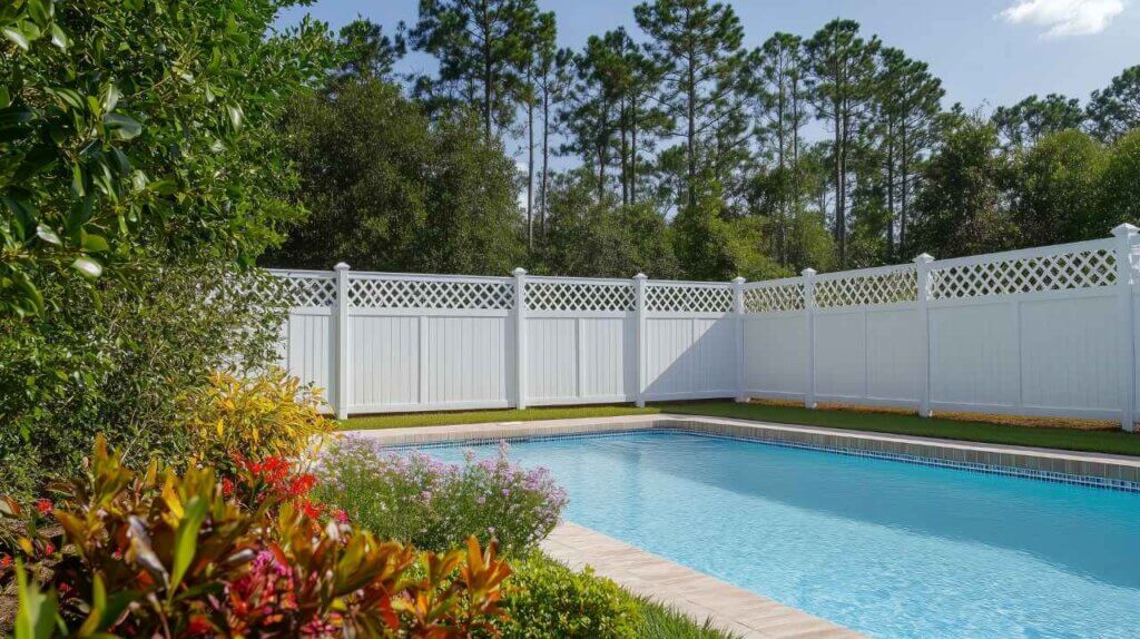 backyard pool with vinyl fencing installed