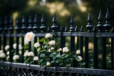 close up shot of black wrought iron fence with beautiful white roses