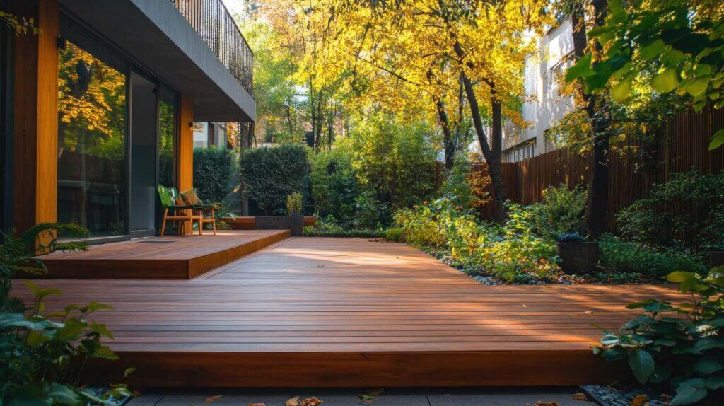 Modern wooden deck in backyard garden during autumn