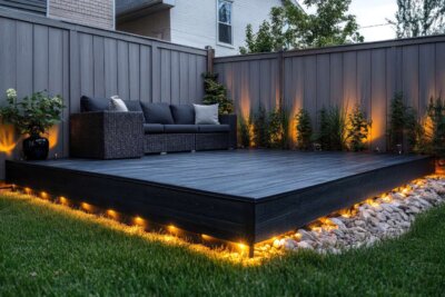 Modern backyard deck with lighting illuminating the surrounding lawn and bushes