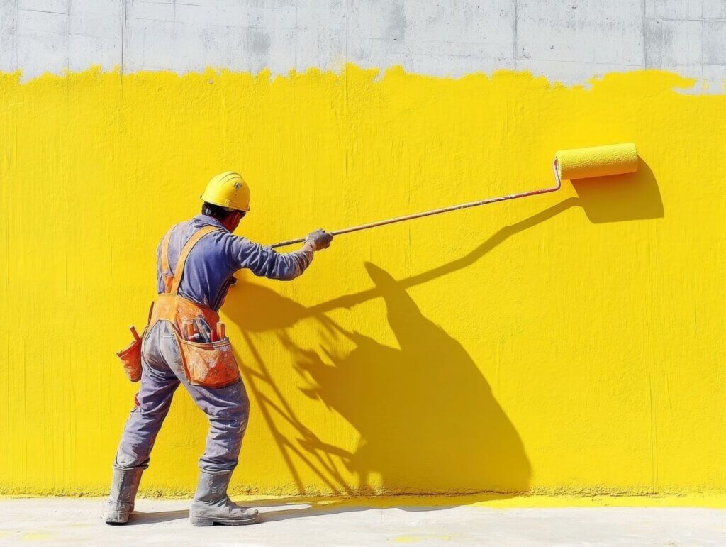 professional worker painting a wall with yellow paint