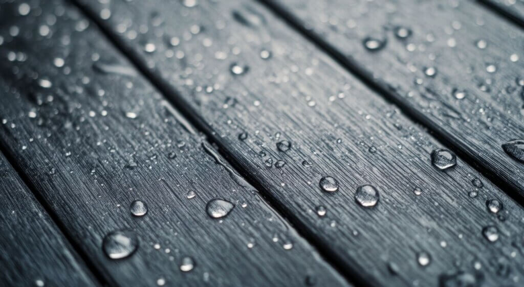 Water droplets on textured wooden surface