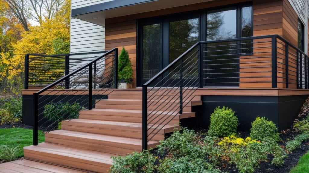 modern wooden deck with black railings installed