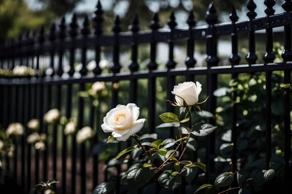 black iron fence with white roses