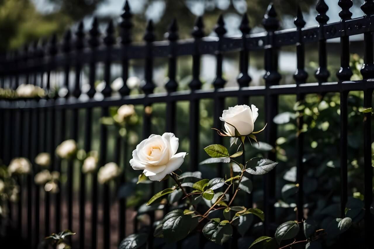 black iron fence with white roses