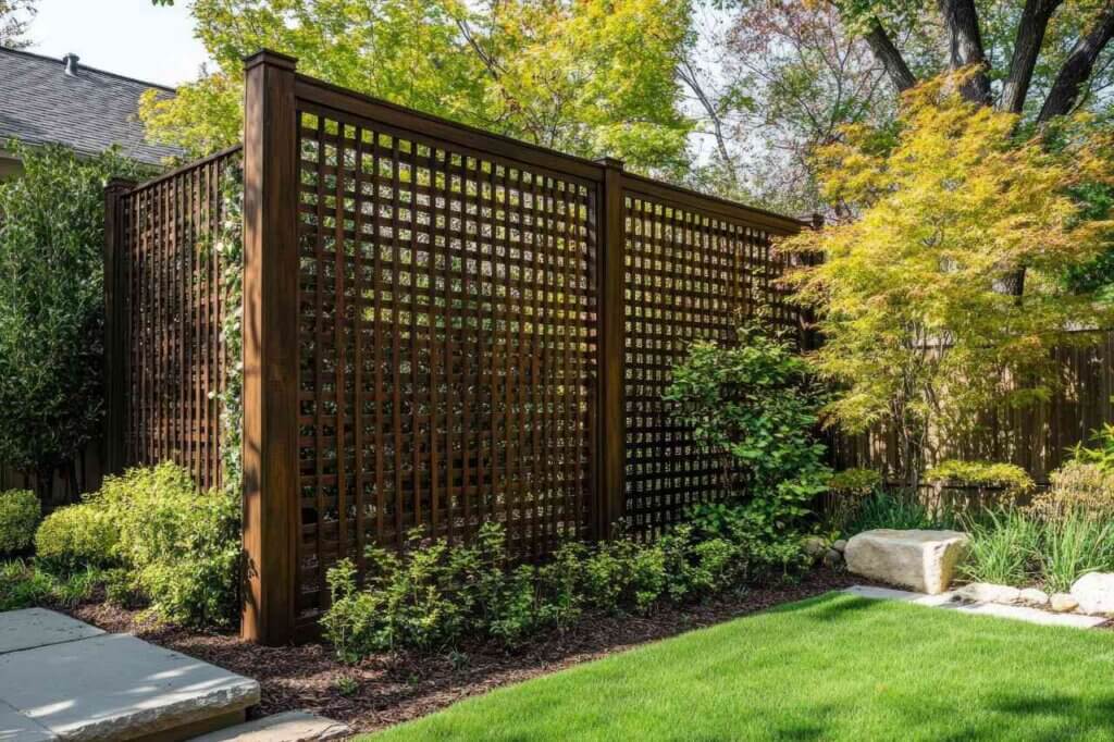 Wooden trellis creating privacy in lush garden