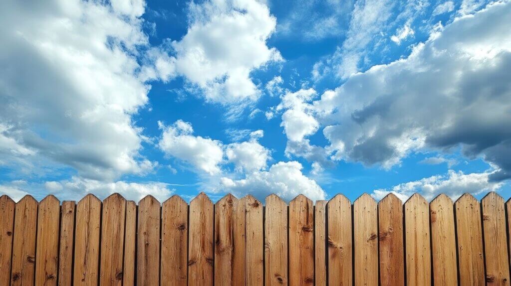 tall wooden privacy fence with blue skies in the background