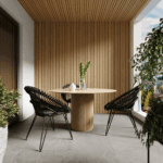 Composite Slatted Cladding in oak colour installed on ceiling and garden walls