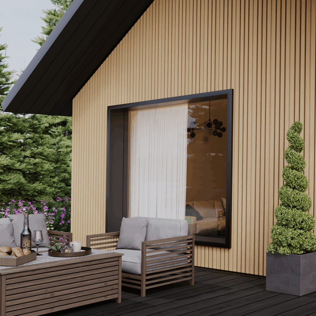 Outdoor building with composite slatted cladding oak colour