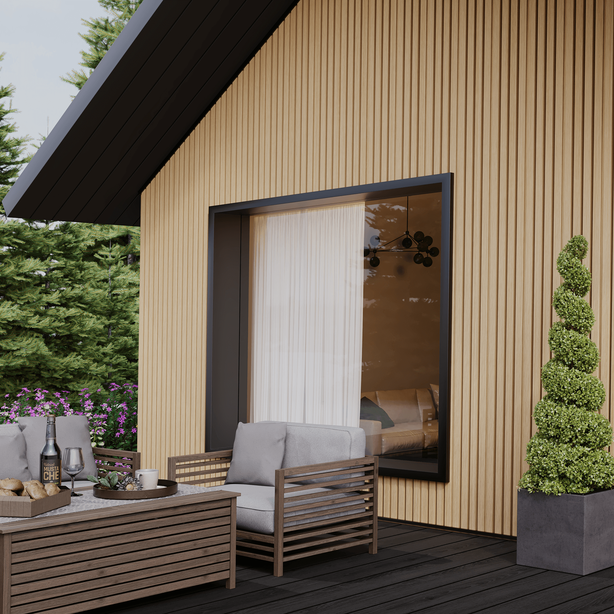 Outdoor building with composite slatted cladding oak colour